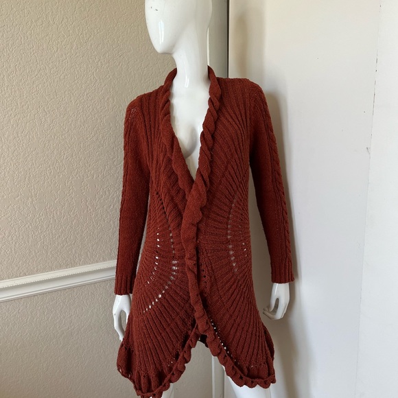 ROSIE NEIRA ANTHROPOLOGIE Rust Crochet Cotton Knit Open Longer Cardigan Duster S - Picture 1 of 7